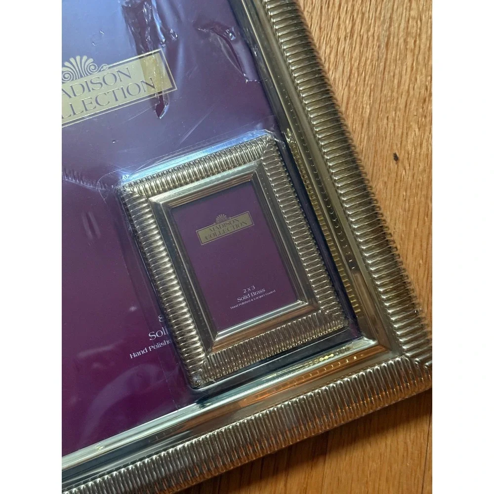 Madison Collection Solid Brass Ribbed Picture Frame Set 8x10 and 2x3 Gold Tone
